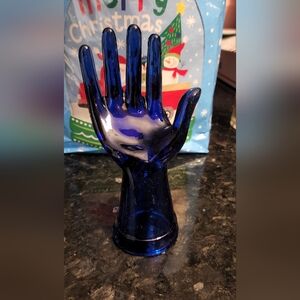 Vintage Cobalt Blue Art Glass Hand MCM PERFECT Holder Jewelry Ring Figurine 8”